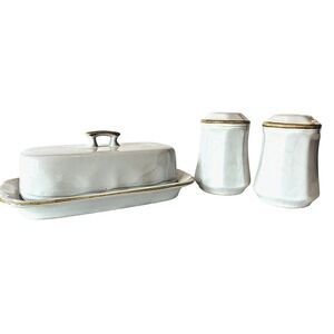 Hand Painted Stoneware Butter Dish Salt Pepper Shaker Set Japan Brown Trim